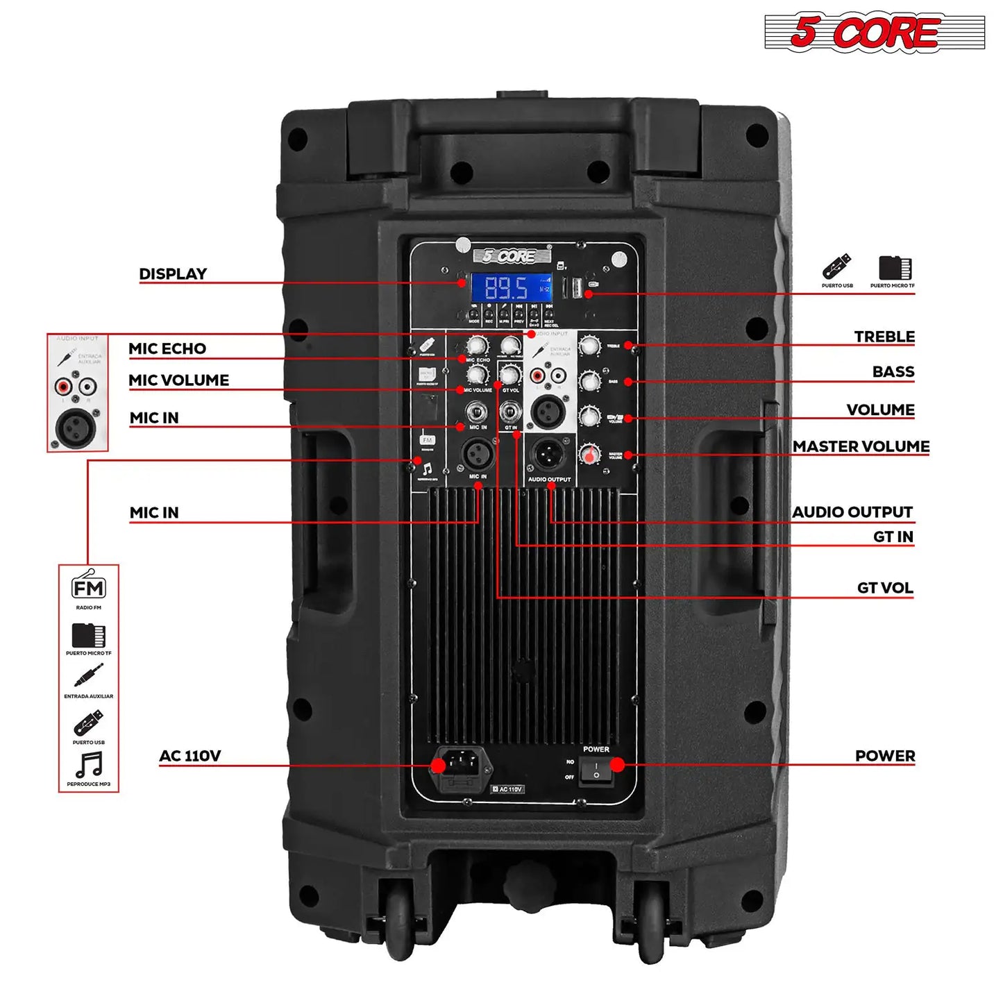 5Core DJ Bluetooth Party Speaker 12 inch Karaoke PA System + 2 Wireless Microphone