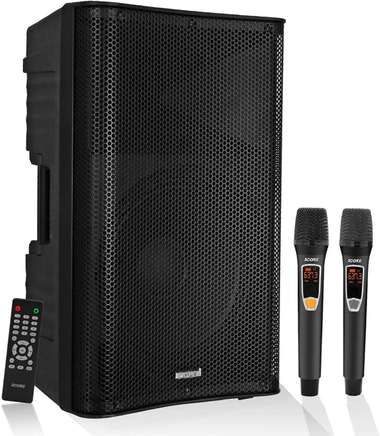 5 Core 12 Inch Professional 3000W Powered PA System Pair 2 Way TWS Bluetooth Speaker +4 Wireless UHF Mics +2 Stand +2 Bags XLR in/Out Active Preamp Outdoor Sound Set for DJ Party