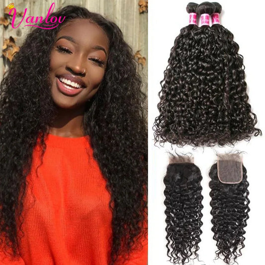 Hair Water Wave Human Hair Bundles with Closure 4 Pcs/Lot Peruvian Hair 4 Bundles with Closure Remy Hair Extension Weave